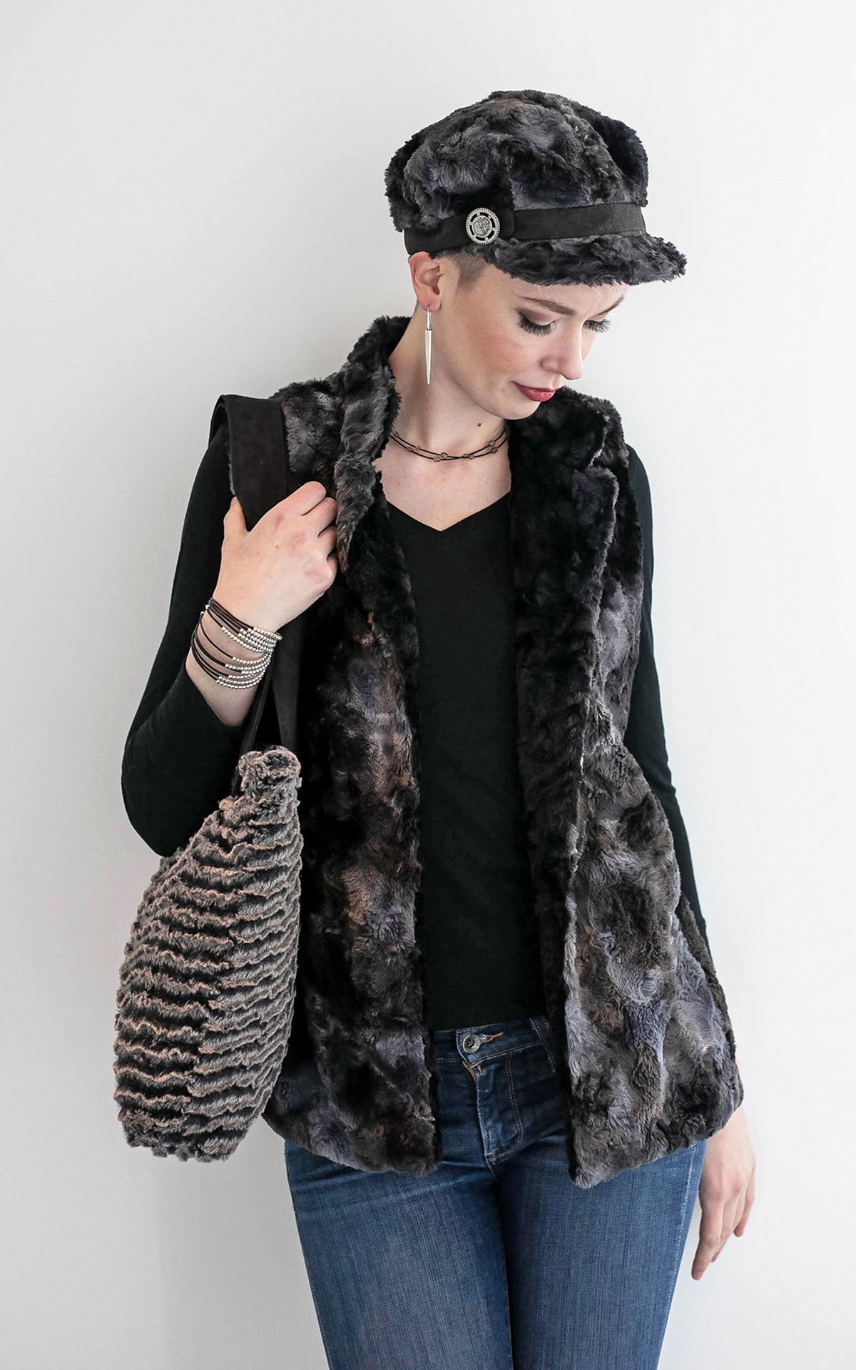 Model wearing Mandarin Vest Short and Valerie Newsboy Style Cap | Highland in Sky Denim and Gray  Faux Fur and Cuddly Black Faux Fur | Handmade in Seattle WA | Pandemonium Millinery