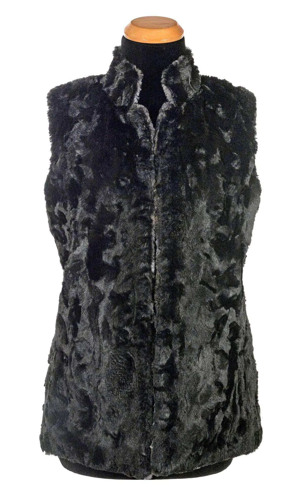 Mandarin Vest Short  Reversed | Highland in Sky Denim and Gray Faux Fur and Cuddly Black Faux Fur | Handmade in Seattle WA | Pandemonium Milliner