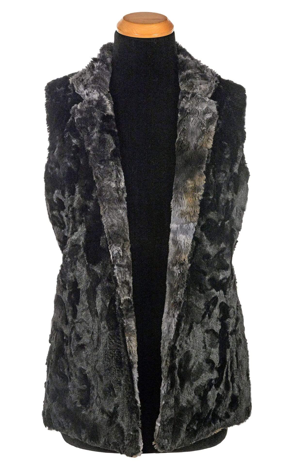 Open View of Mandarin Vest Short | Highland in Sky Faux Fur and Cuddly Black Faux Fur | Handmade in Seattle WA | Pandemonium Millinery
