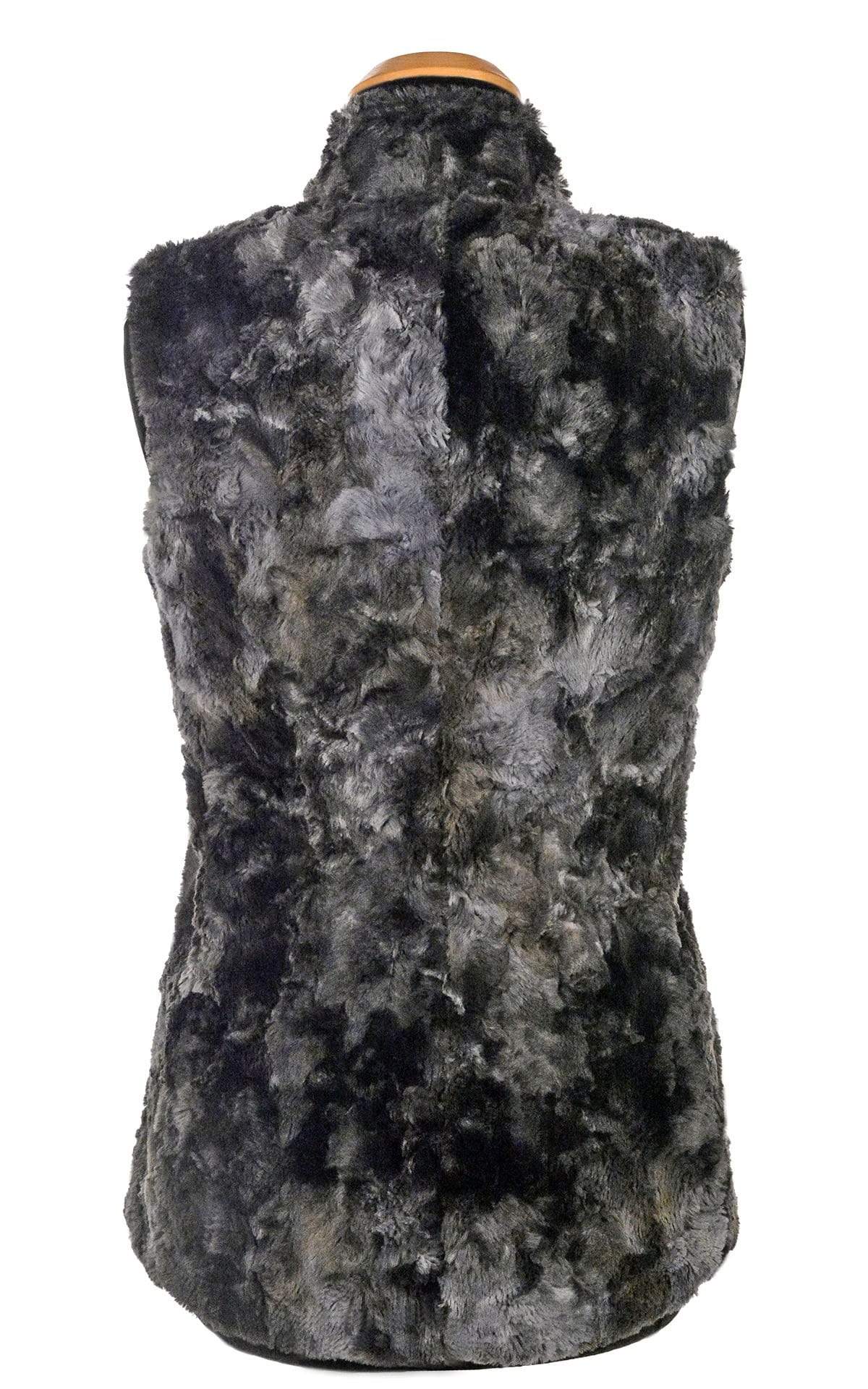 Back view of Mandarin Vest Short | Highland in Sky Denim and Gray Faux Fur and Cuddly Black Faux Fur | Handmade in Seattle WA | Pandemonium Millinery