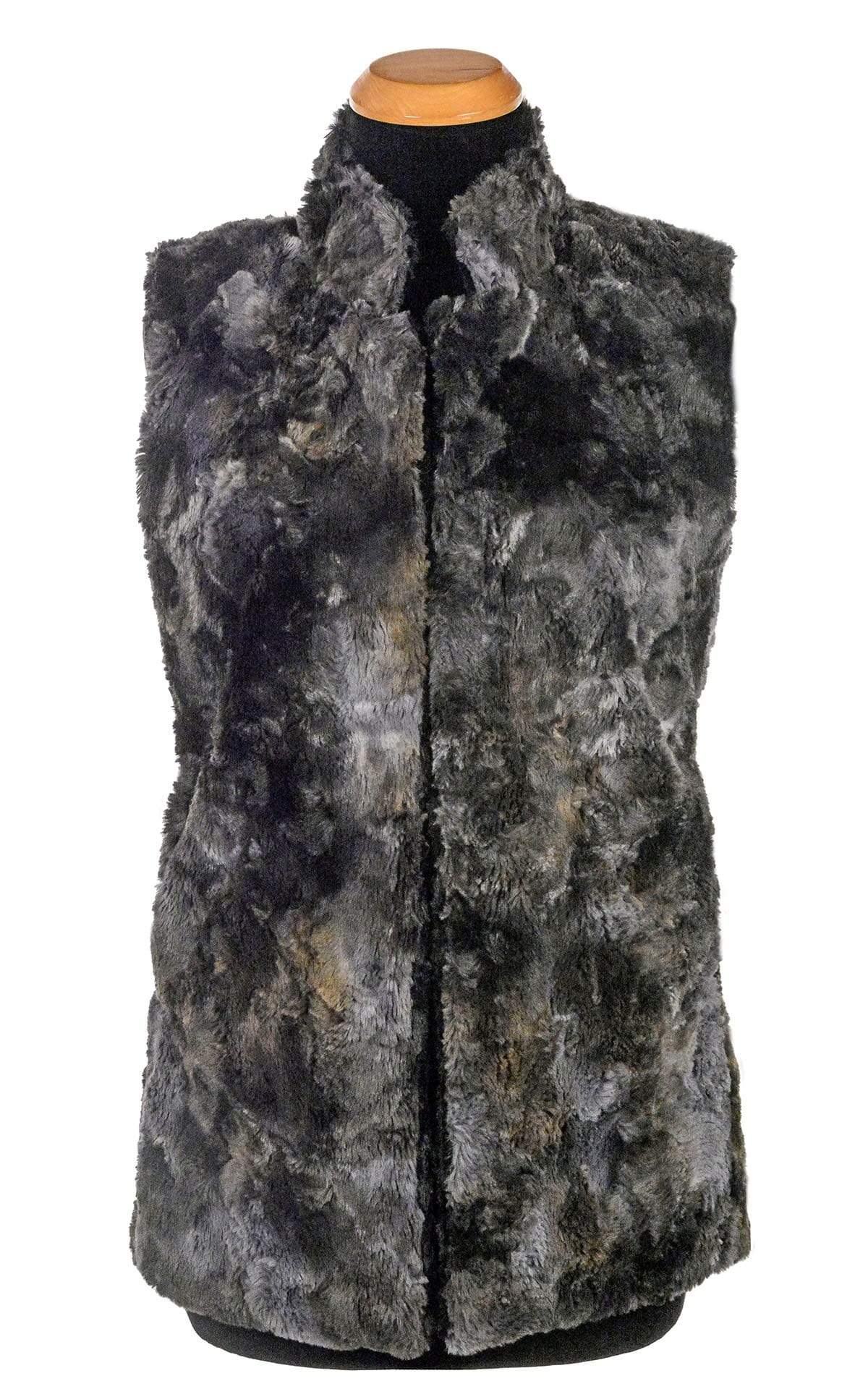 Mandarin Vest Short | Highland in Sky Denim and Gray Faux Fur and Cuddly Black Faux Fur | Handmade in Seattle WA | Pandemonium Millinery