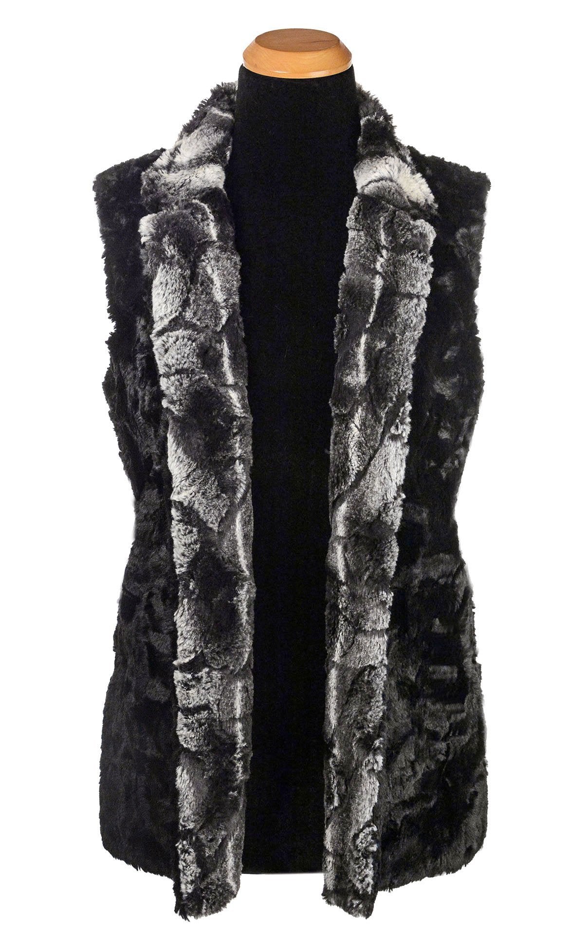 Mandarin Vest Short Reversed | Honey Badger Black and Cream  Faux Fur and Cuddly Black Faux Fur | Handmade in Seattle WA | Pandemonium Millinery