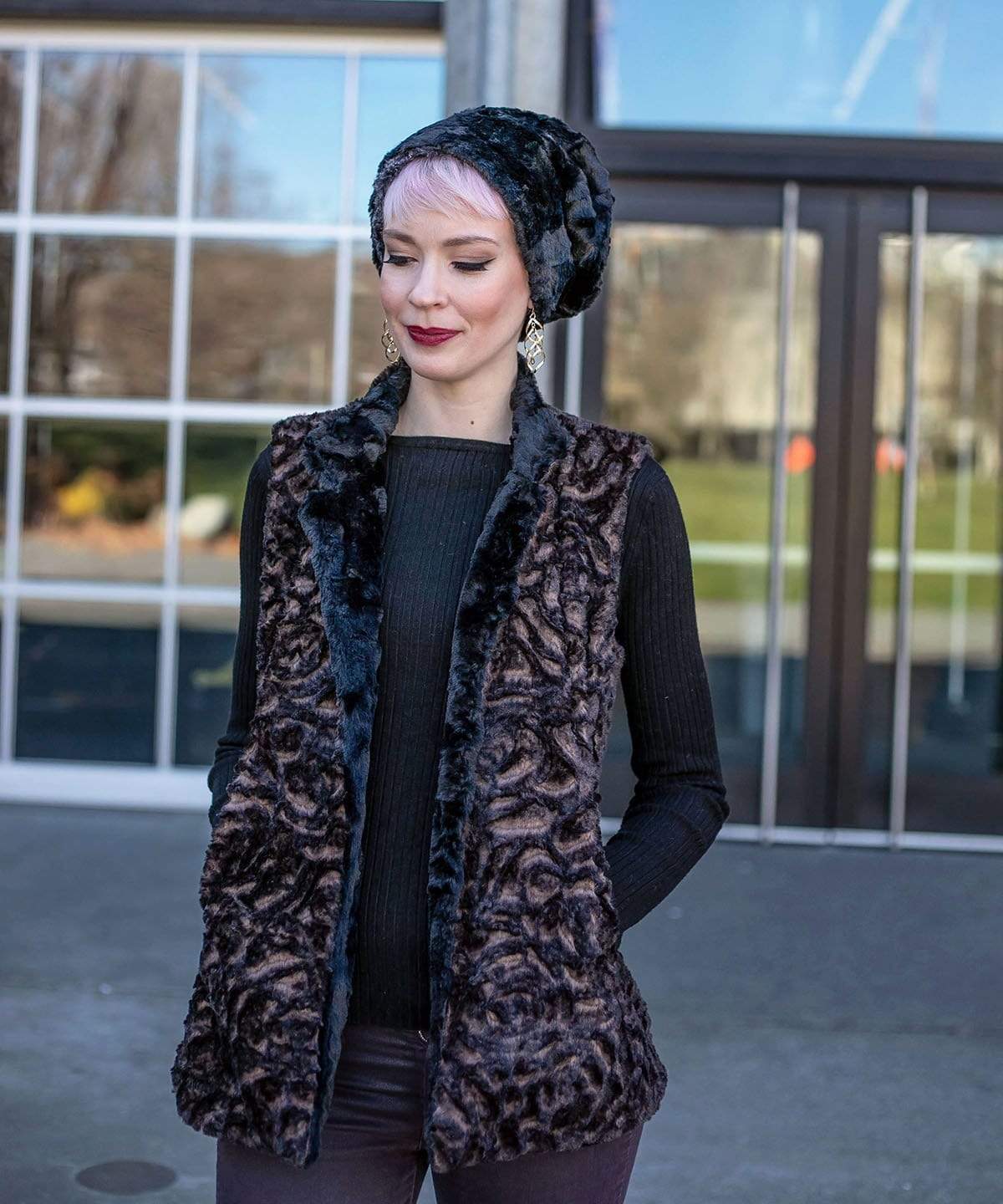 Mandarin Vest Short - Vintage Rose Faux Fur Desert Sand Crimson / Black Outerwear Pandemonium Millinery
