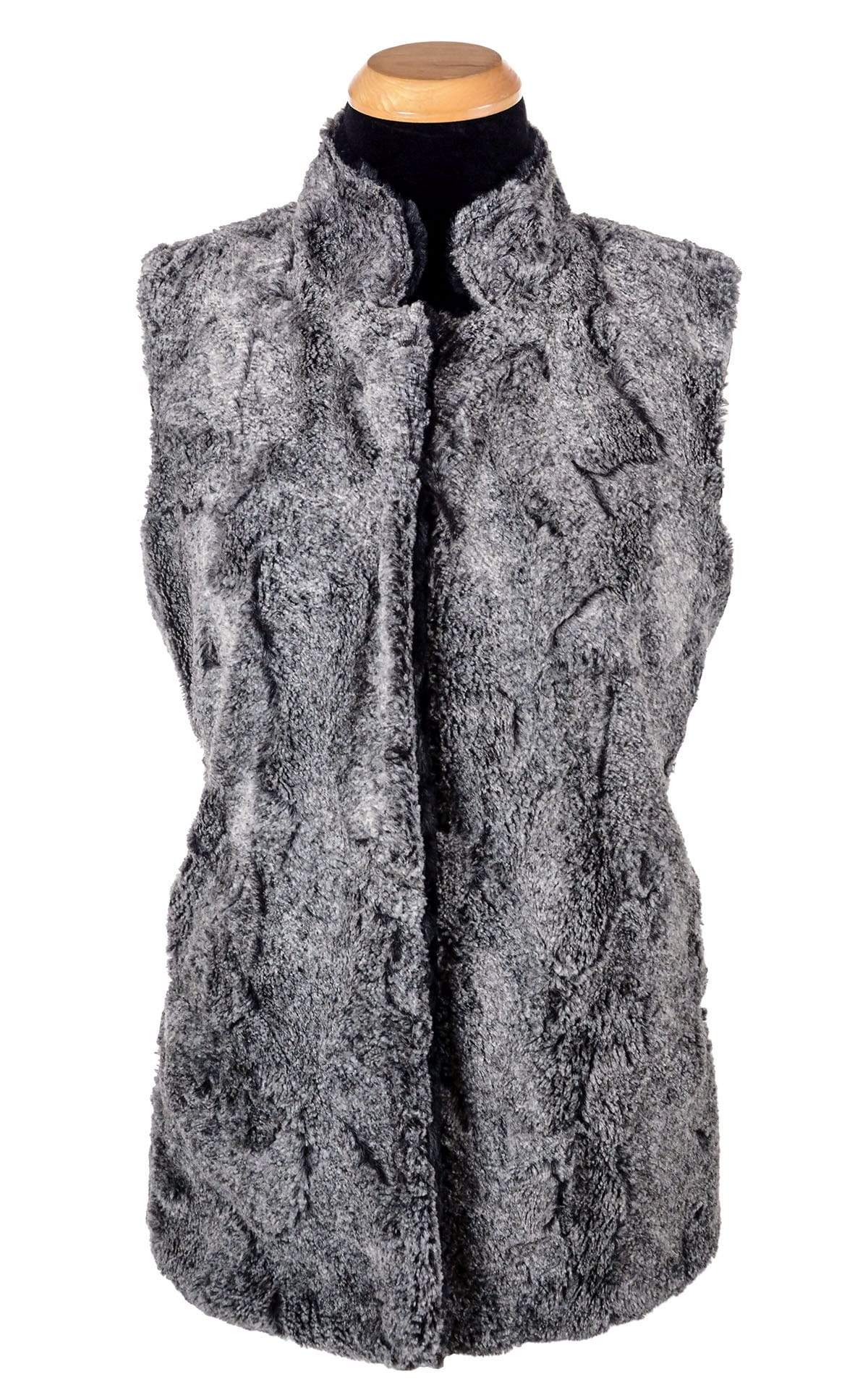 Mandarin Vest Short, Reversible less pockets - Luxury Faux Fur Nimbus with Cuddly Fur in Black