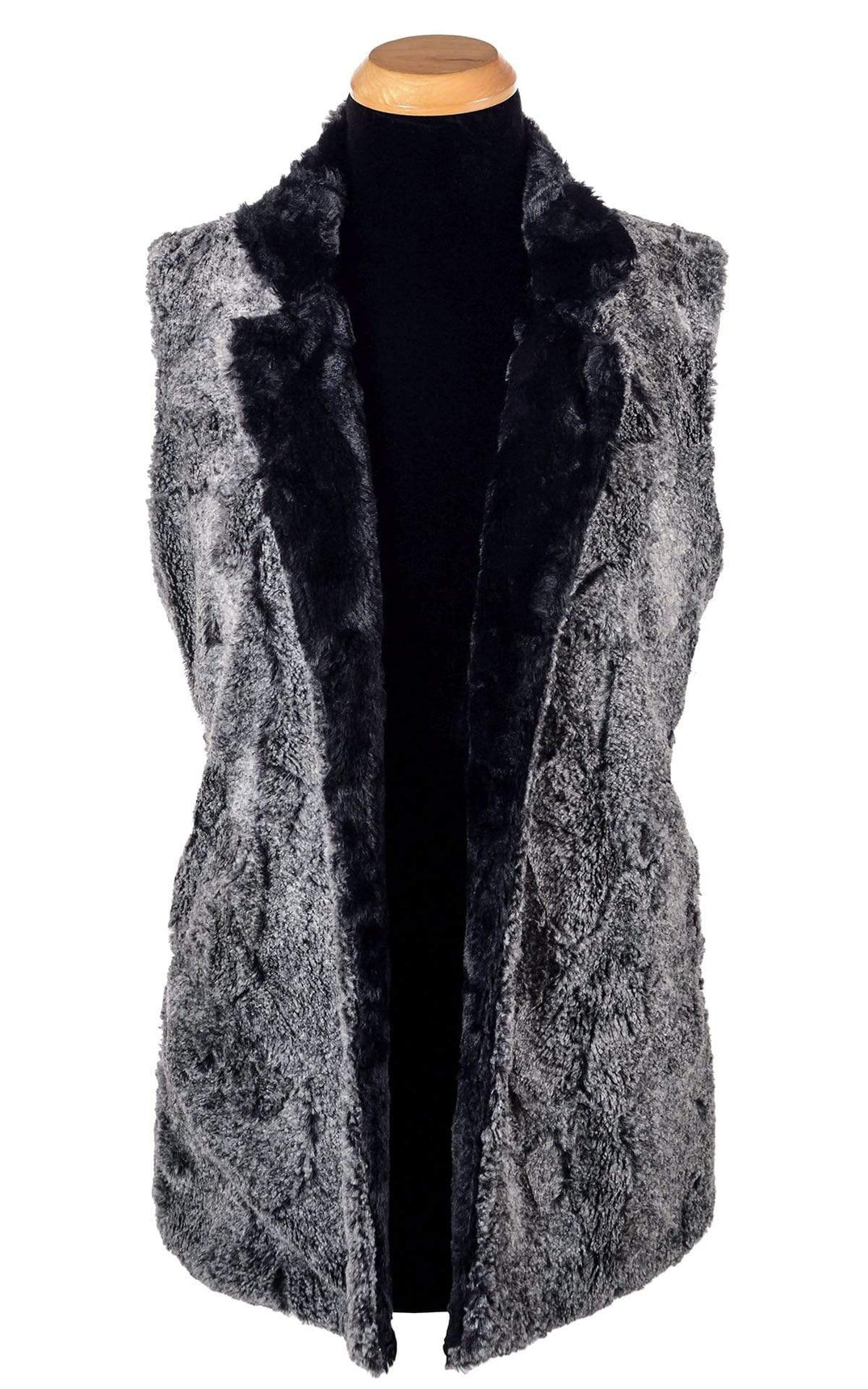 Open view of Mandarin Vest Short | Nimbus Black and White Faux Fur and Cuddly Black Faux Fur | Handmade in Seattle WA | Pandemonium Millinery
