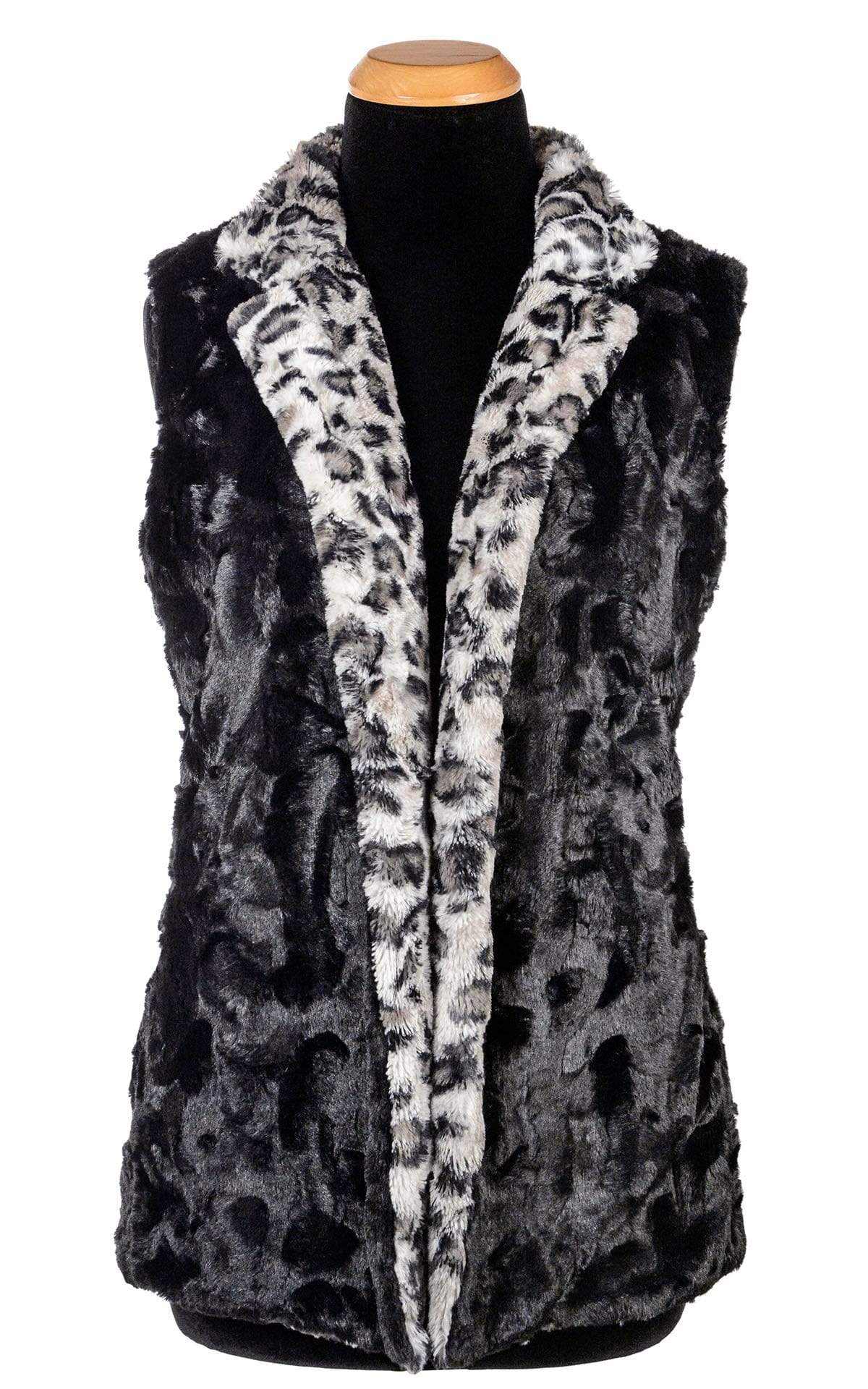 Mandarin Vest Short Reversed | Savannah Cat Gray and Black Animal Print and Cuddly Black Faux Fur | Reversible | Handmade in Seattle WA | Pandemonium Millinery