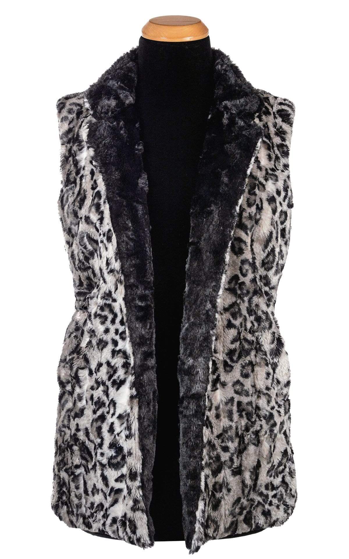Open View of Mandarin Vest Short | Savannah Cat in Gray Animal Print and Cuddly Black Faux Fur | Reversible | Handmade in Seattle WA | Pandemonium Millinery