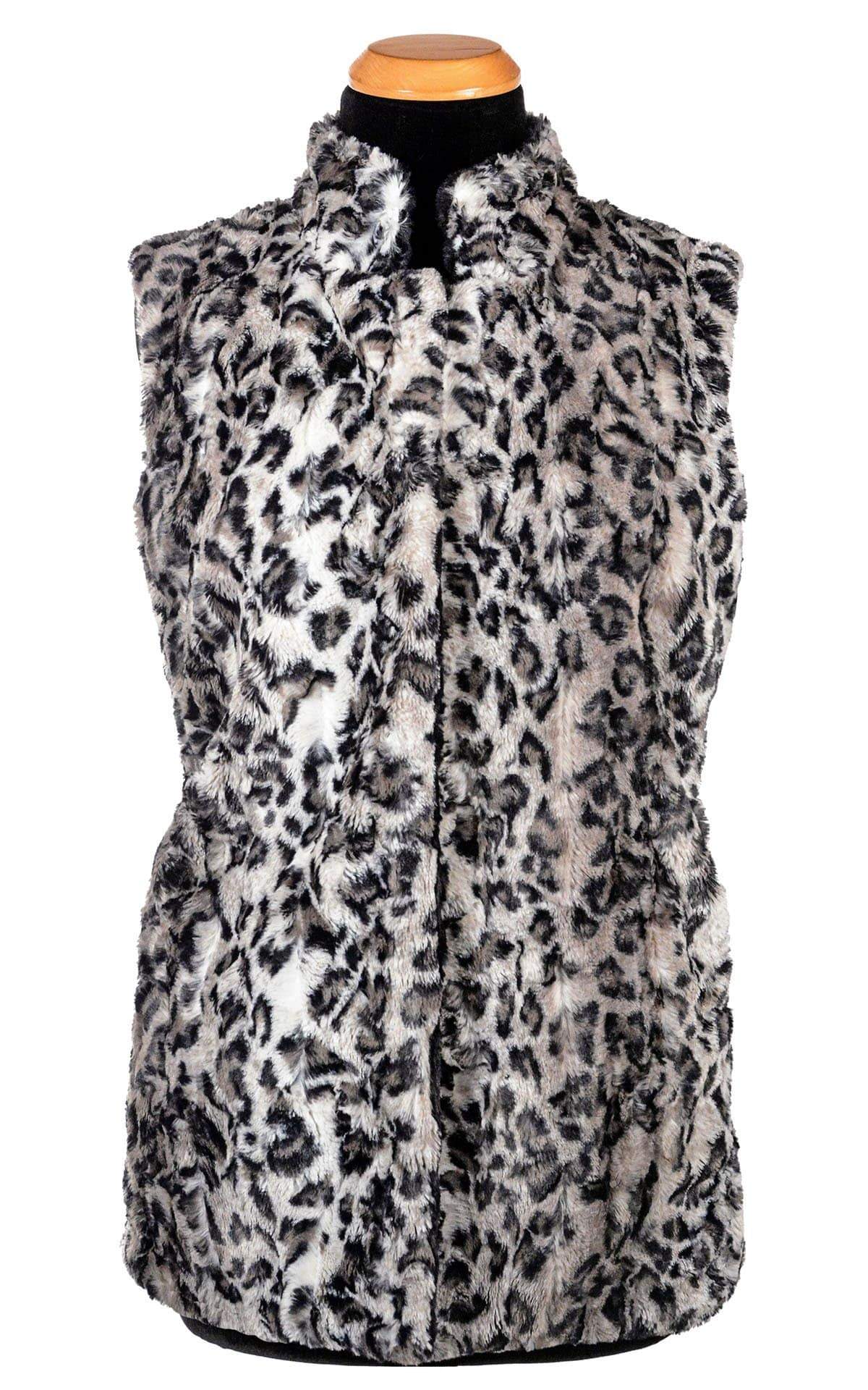 Mandarin Vest Short | Savannah Cat in Gray Animal Print and Cuddly Black Faux Fur | Reversible | Handmade in Seattle WA | Pandemonium Millinery