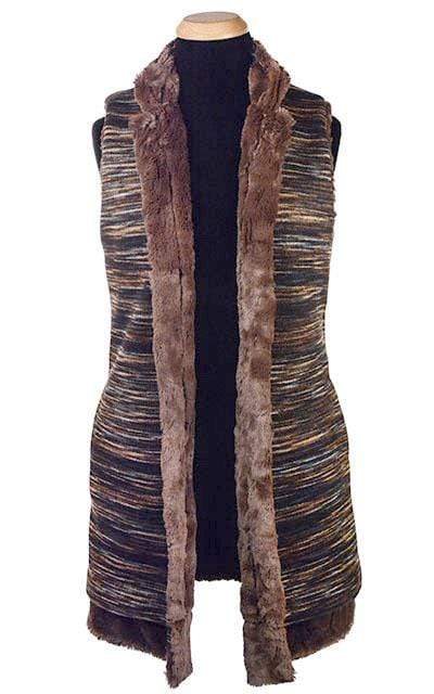 Open view of Mandarin Vest Long | Sweet Stripes in English Toffee Knit with Cuddly Chocolate Faux Fur | By Pandemonium Millinery | Handmade in Seattle WA USA