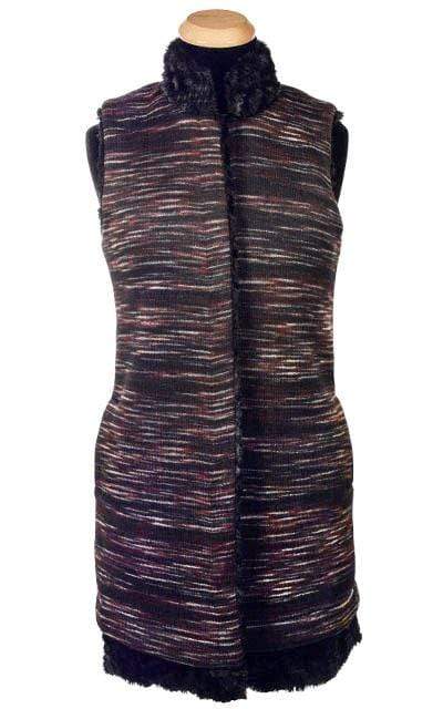 Woman posing in Mandarin Vest Long | Sweet Stripes in Cherry Cordial Knit with Cuddly Black Faux Fur | By Pandemonium Millinery | Handmade in Seattle WA USA