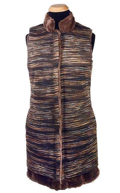 Mandarin Vest Long | Sweet Stripes in English Toffee Knit with Cuddly Chocolate Faux Fur | By Pandemonium Millinery | Handmade in Seattle WA USA