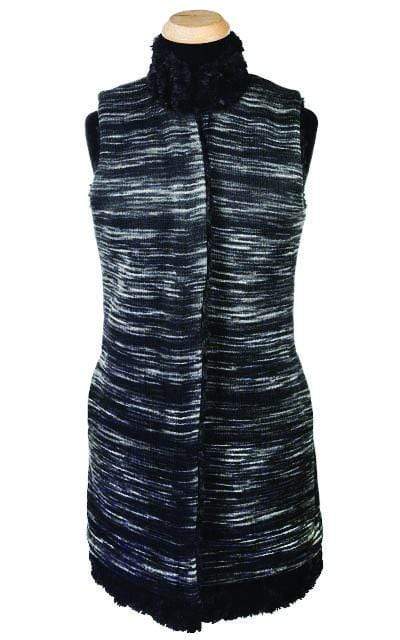 Mandarin Vest Long | Sweet Stripes in Blackberry Cobbler Knit with Cuddly Black Faux Fur | By Pandemonium Millinery | Handmade in Seattle WA USA