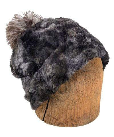 Men's Beanie Hat with Arctic Fox Pom | Higland in Sky Denim and Gray Faux Fur | Handmade in the USA by Pandemonium Seattle