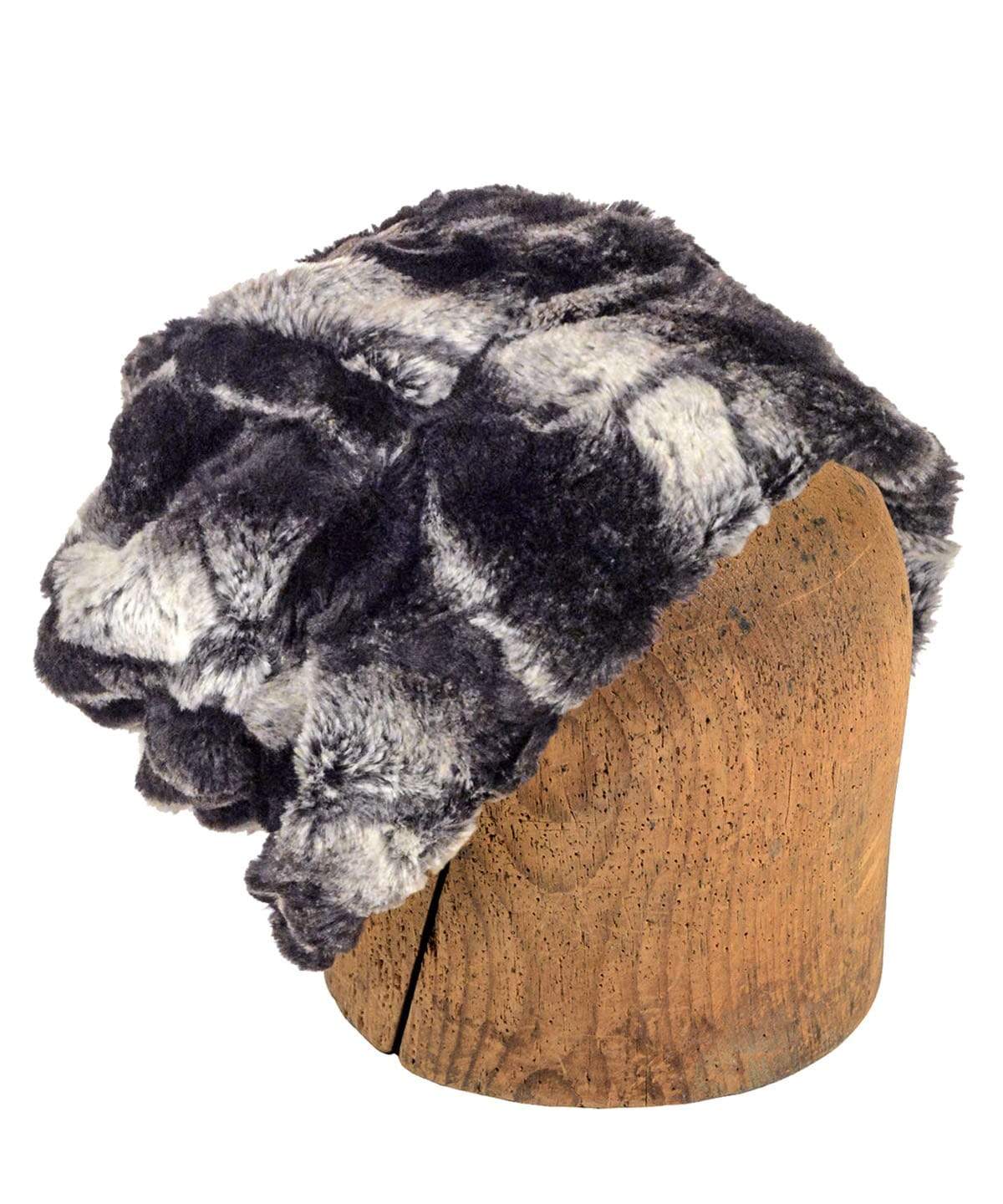 Model shown in Men's Beanie Hat, Reversible | Honey Badger, Black and Cream Faux Fur | Handmade in the USA by Pandemonium Seattle