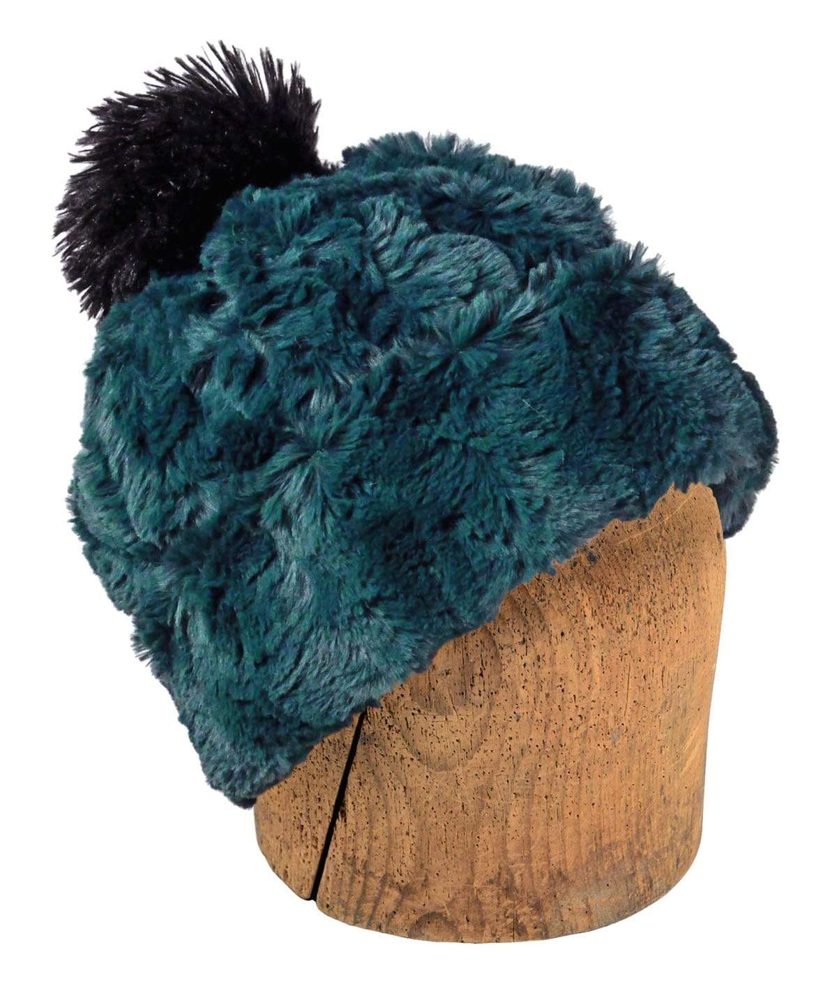 Men&#39;s Beanie Hat with Black Pom, Reversible | Peacock Teal Faux Fur | Handmade in the USA by Pandemonium Seattle