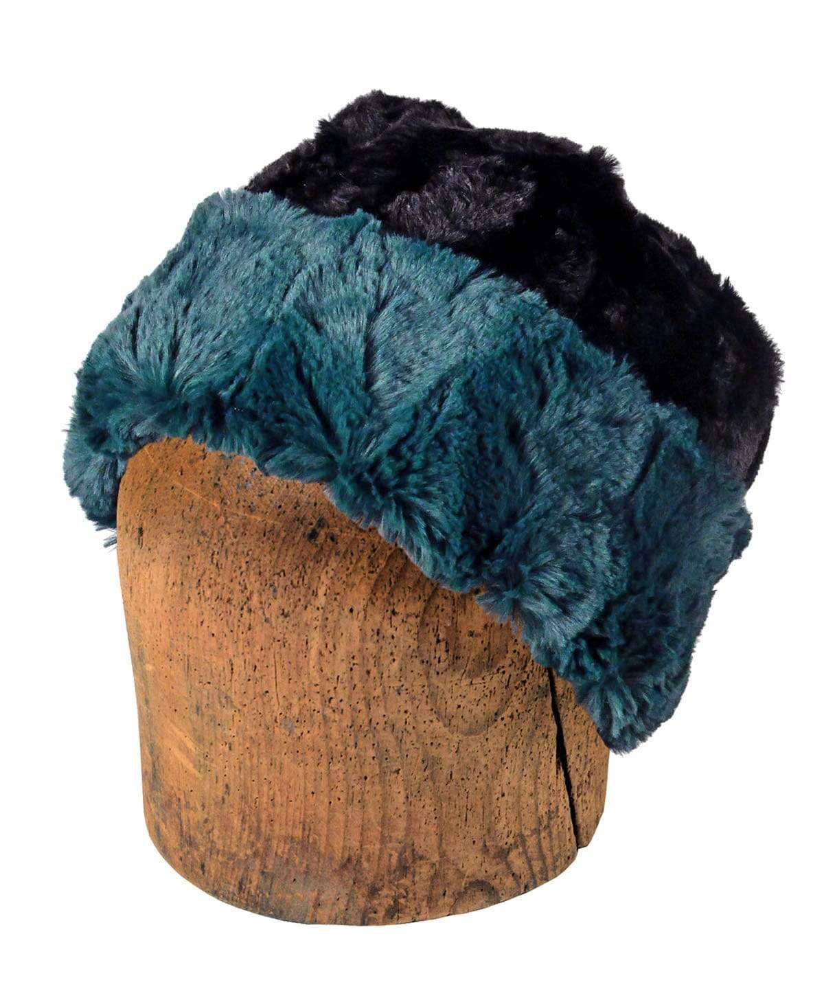 Men&#39;s Beanie Hat | Peacock Teal Faux Fur Reversed to Cuddly Black Faux Fur | Handmade in the USA by Pandemonium Seattle