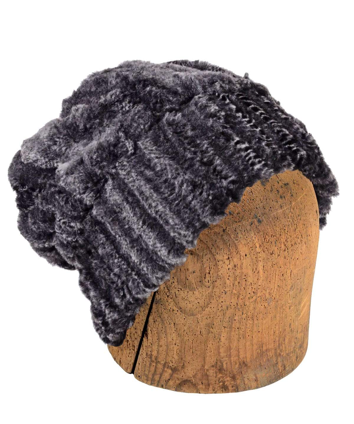 Men's Beanie Hat shown in Slouchy Style| Rattle N Shake Grayish Black Snake Print Faux Fur | Handmade in the USA by Pandemonium Seattle