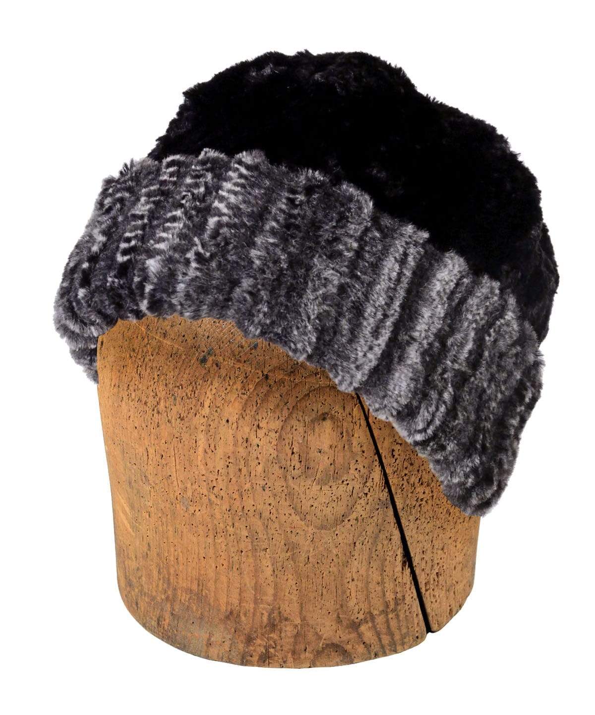 Men's Beanie Hat shown in Slouchy Style| Rattle N Shake Grayish Black Snake Print Faux Fur | Handmade in the USA by Pandemonium Seattle