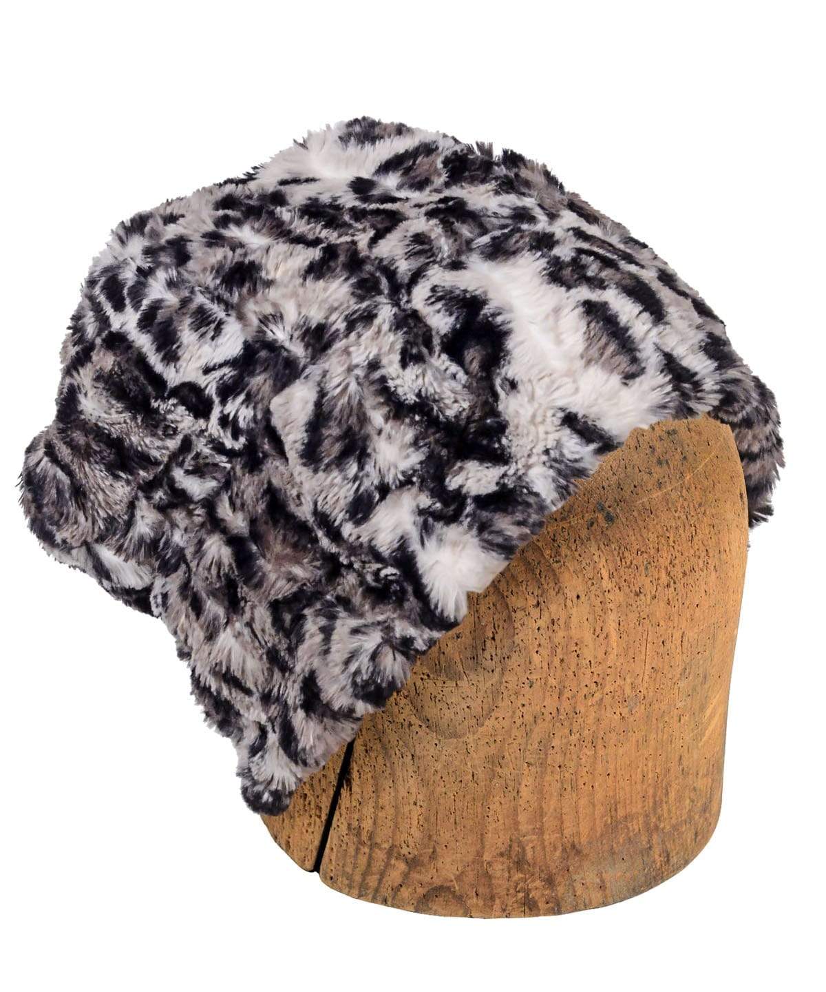 Men's Beanie Hat Uncuffed  | Savannah Cat Gray and Black Animal Print Faux Fur | Handmade in the USA by Pandemonium Seattle