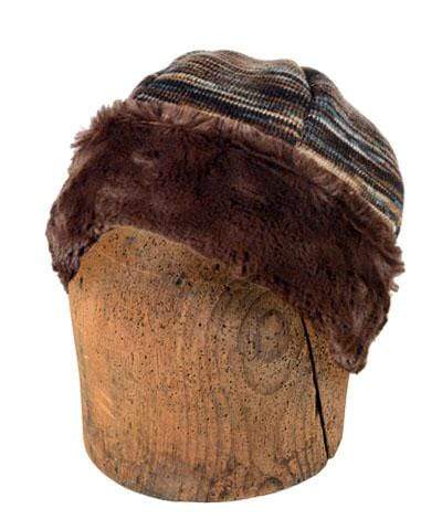 Men's Beanie Hat Reversible  | Sweet Stripes in English Toffee Knit with Cuddly Chocolate Faux Fur | By  Pandemonium Millinery | Seattle WA USA