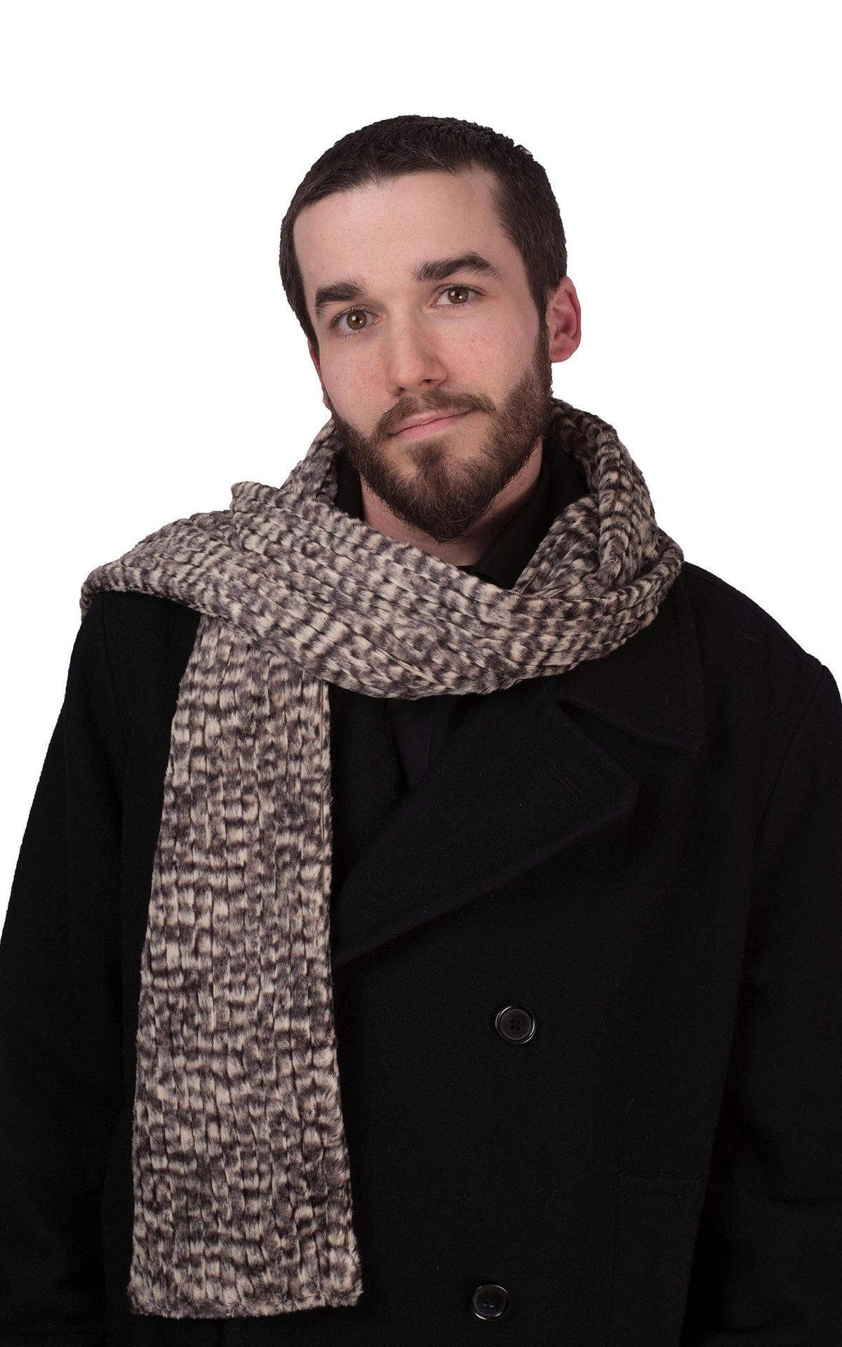 Modeling wearing Men&#39;s Classic Scarf | Cobblestone Brown, Taupe and Cream  Faux Fur | Handmade in the USA by Pandemonium Seattle
