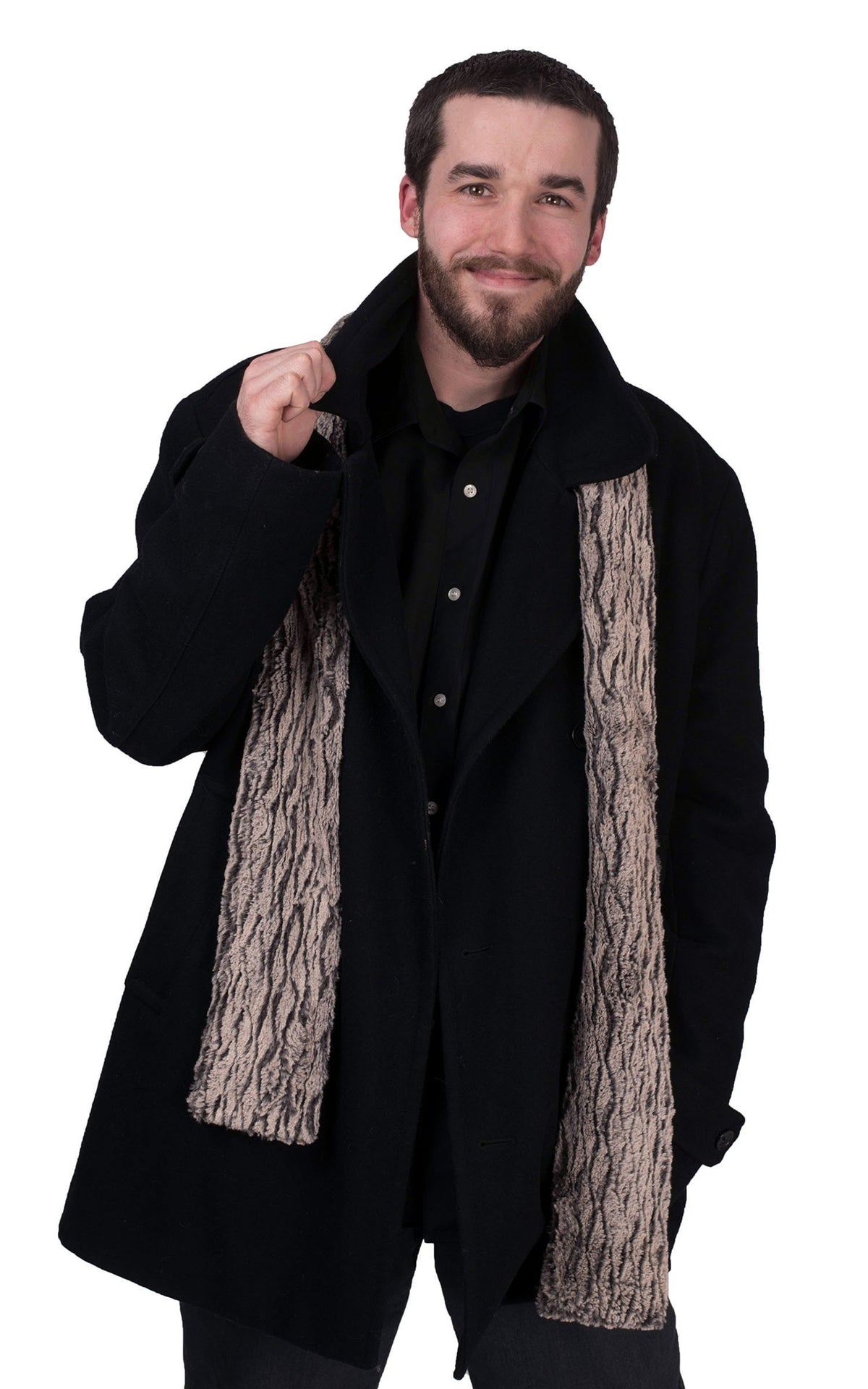 Male model wearing Skinny Classic Scarf | black walnut Faux Fur | Handmade by Pandemonium Millinery Seattle, WA USA