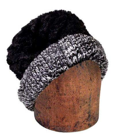 Men's Cuffed Pillbox Two-Tone, reversed | Cozy Cable Faux Fur with Cuddly Black | Handmade in Seattle, WA by Pandemonium Millinery USA