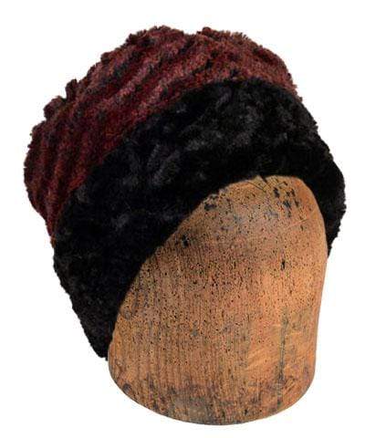 Men's Cuffed Pillbox Reversible | Desert Sand in Crimson with Cuddly Black Faux Fur | Handmade in Seattle WA | By Pandemonium Seattle 