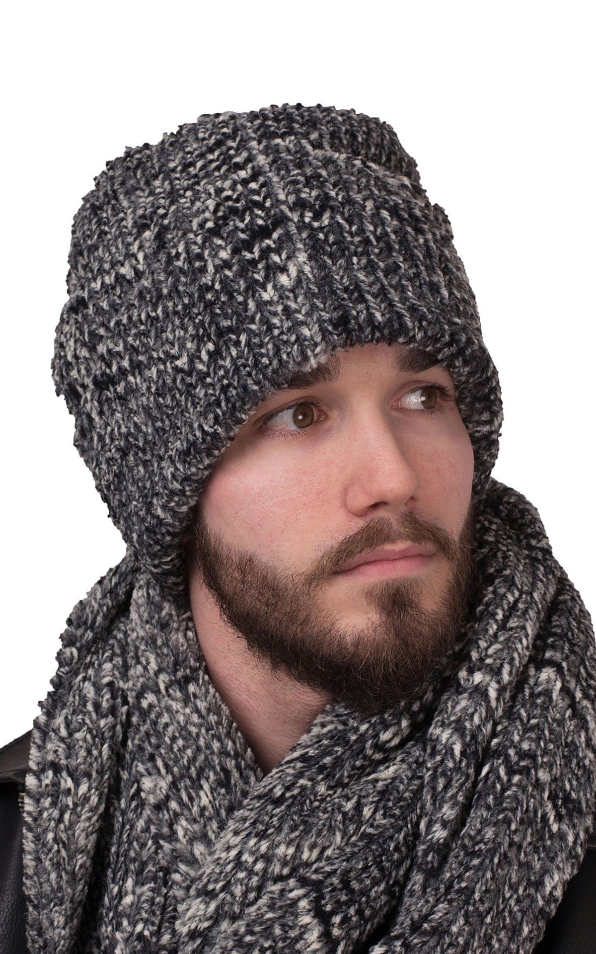 Model in Men's Cuffed Pillbox and matching Infinity Scarf | Cozy Cable Black White Faux Fur | By Pandemonium Seattle | Handmade in Seattle WA |