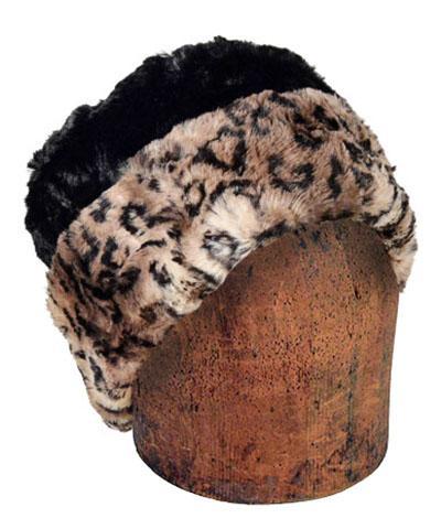 Men's 2-Tone Cuffed Pillbox, Reversed | Carpathian Lynx Brown, Tan, Black Animal Print Cuddly Faux Fur | By Pandemonium Seattle | Handmade in Seattle WA |