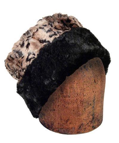 Men's 2-Tone Cuffed Pillbox, Reversible | Carpathian Lynx Brown, Tan, Black Animal Print Cuddly Faux Fur | By Pandemonium Seattle | Handmade in Seattle WA |
