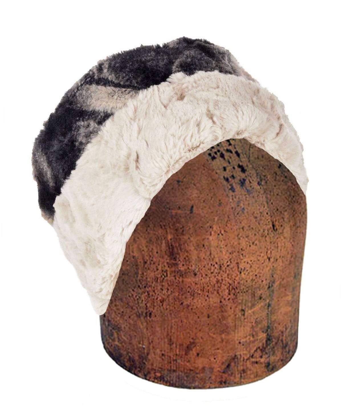 Men&#39;s Cuffed Pillbox, Reversible (Solid or Two-Tone) - Luxury Faux Fur in Honey Badger  - Sold Out!