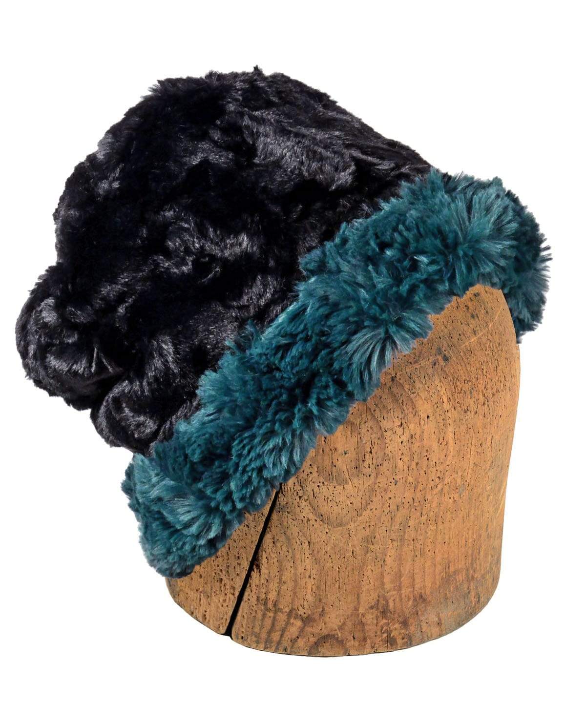 Men&#39;s 2-Tone Cuffed Pillbox, Reversed | Peacock Pond and Cuddly Faux Fur in Black Faux Fur | Handmade in Seattle WA | By Pandemonium Seattle