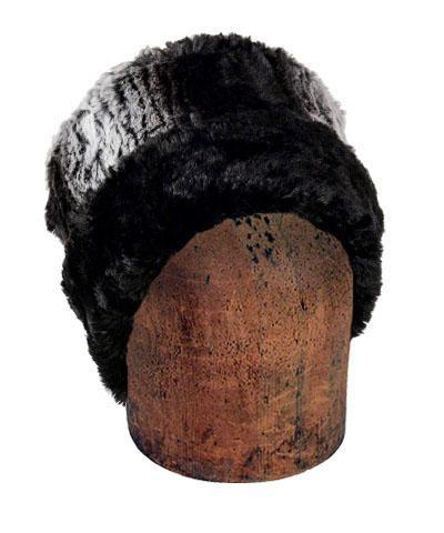 Men's 2-tone Cuffed Pillbox | Luxury Faux Fur in Smouldering Sequoia, Black and White vertical Stripe Faux Fur and Cuddly Black Faux Fur | Handmade in Seattle WA | By Pandemonium Millinery USA