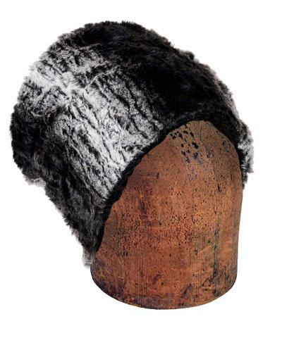 Men's Solid Cuffed Pillbox Shown Slouchy Style| Smouldering Sequoia, Black and White vertical Stripe Faux Fur | Handmade in Seattle WA | By Pandemonium Millinery USA