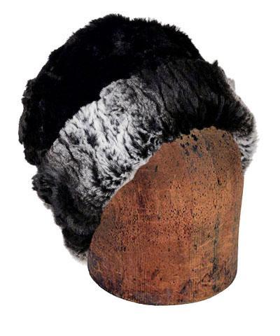 Men's 2-tone Cuffed Pillbox, Reversed | Smouldering Sequoia, Black and White vertical Stripe Faux Fur with Cuddly Black Faux Fur | Handmade in Seattle WA | By Pandemonium Millinery USA