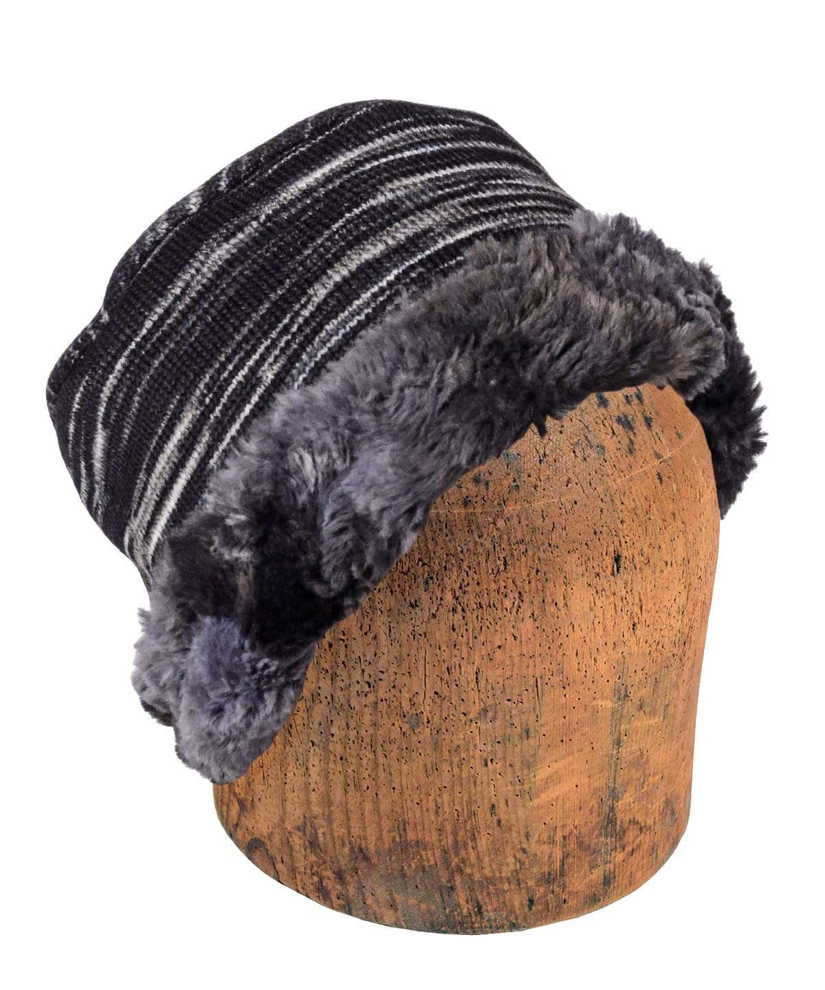 Men's 2-tone Cuffed Pillbox | Sweet Stripes in Blackberry Cobbler Knit  Fabric with Highland in Sky Faux Fur | By Pandemonium Millinery| Handmade in Seattle WA