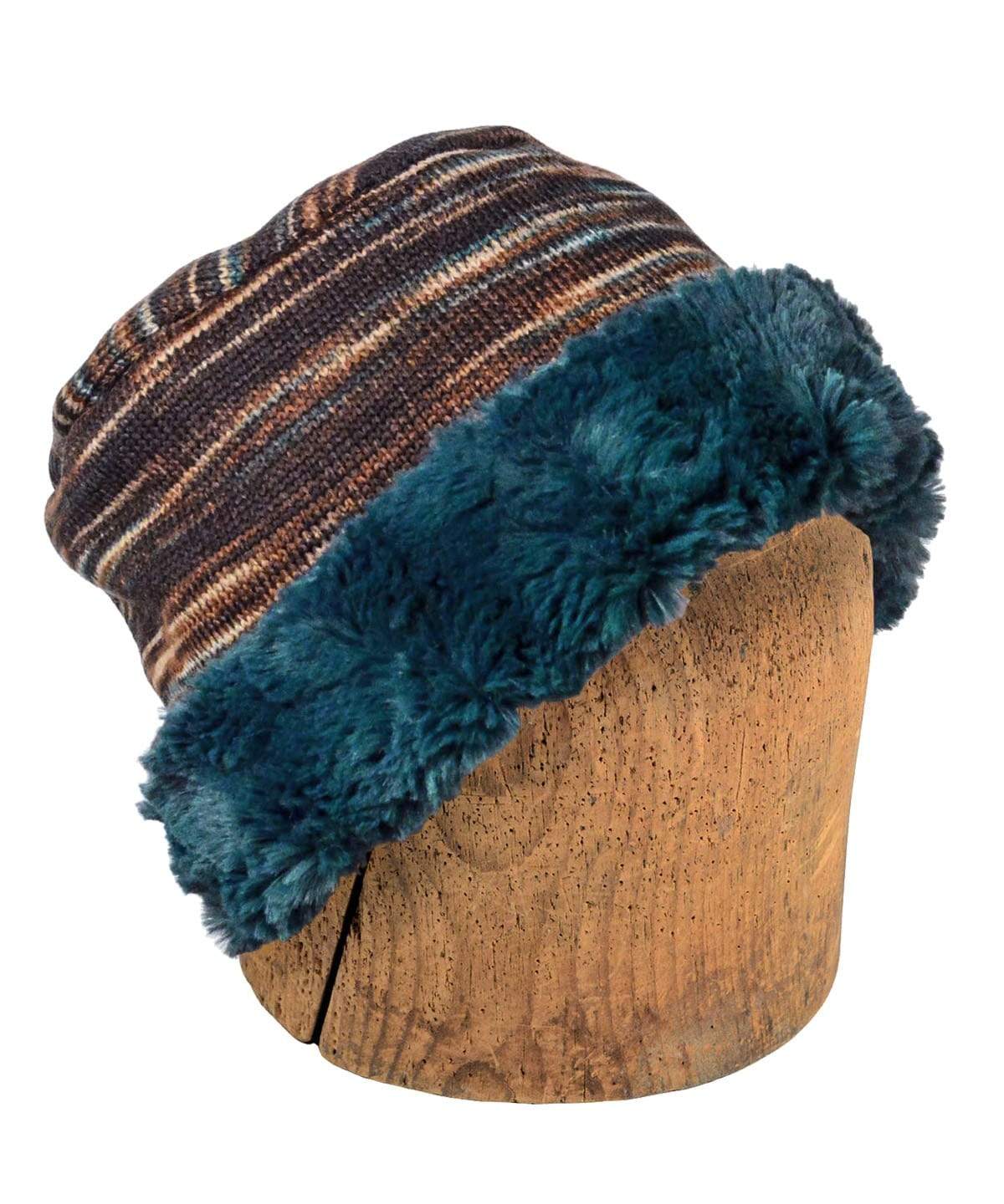 Men's Two-Tone Cuffed Pillbox | Sweet Stripes in English Toffee with Peacock Pond Teal Faux Fur | Handmade in Seattle WA by Pandemonium Millinery USA
