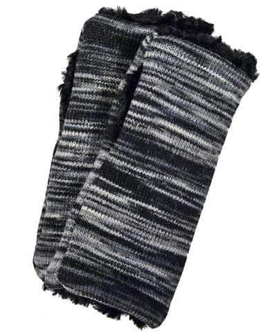 Men's Fingerless Gloves | Sweet Stripes in Blackberry Cobbler lined Cuddly Black Faux Fur | Handmade by Pandemonium Millinery Seattle, WA USA