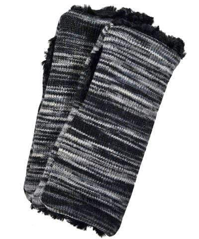Men&#39;s Fingerless Gloves | Sweet Stripes in Blackberry Cobbler lined Cuddly Black Faux Fur | Handmade by Pandemonium Millinery Seattle, WA USA
