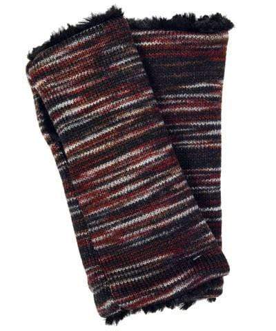Men's Fingerless Gloves | Sweet Stripes in Cherry Cordial lined Cuddly Black Faux Fur | Handmade by Pandemonium Millinery Seattle, WA USA
