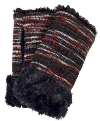 Men's Fingerless Gloves | Sweet Stripes in Cherry Cordial lined Cuddly Black Faux Fur | Handmade by Pandemonium Millinery Seattle, WA USA