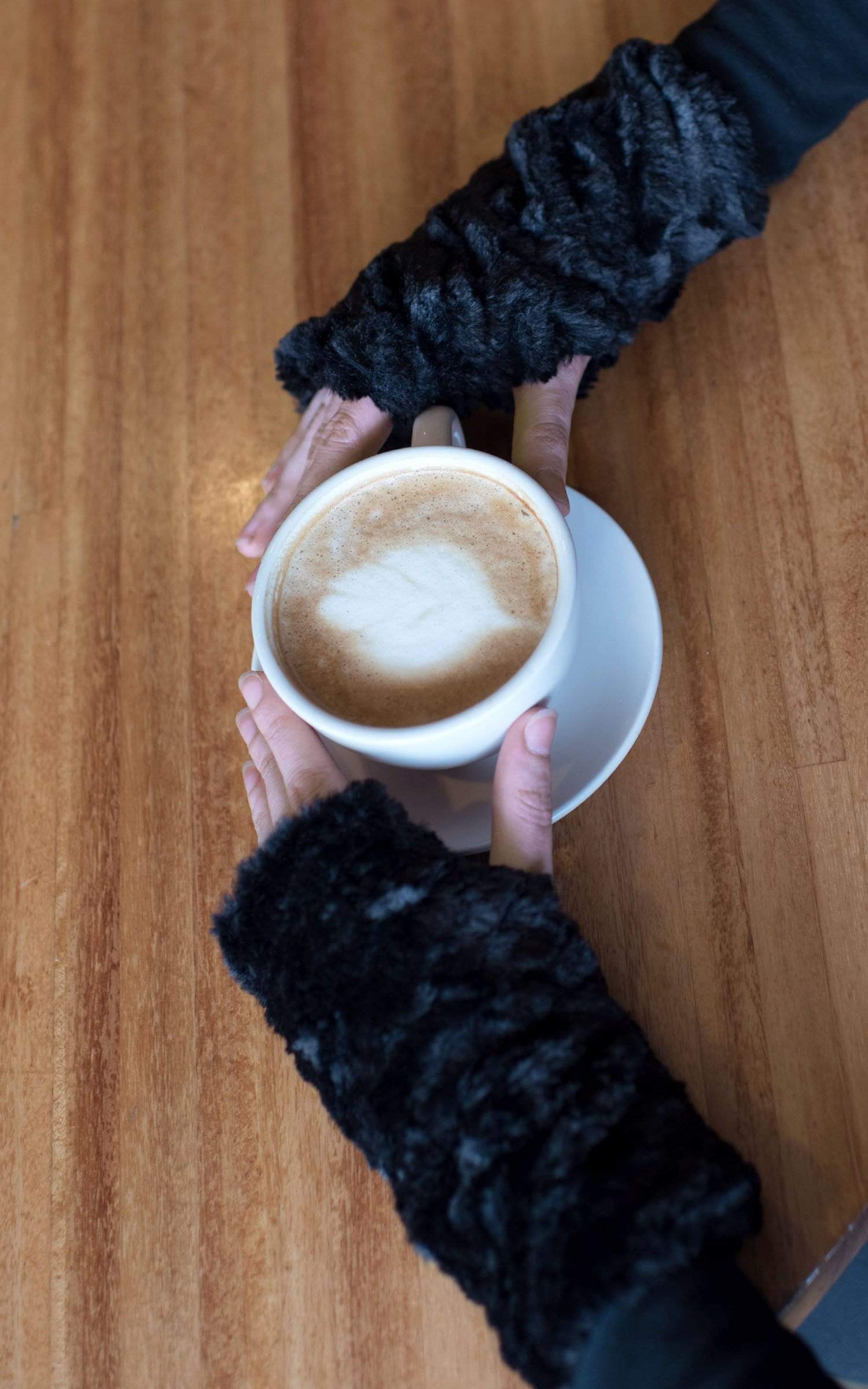 Fingerless Texting Gloves | Cuddly Faux Fur in Chocolate lined Black Faux Fur | Pandemonium Millinery