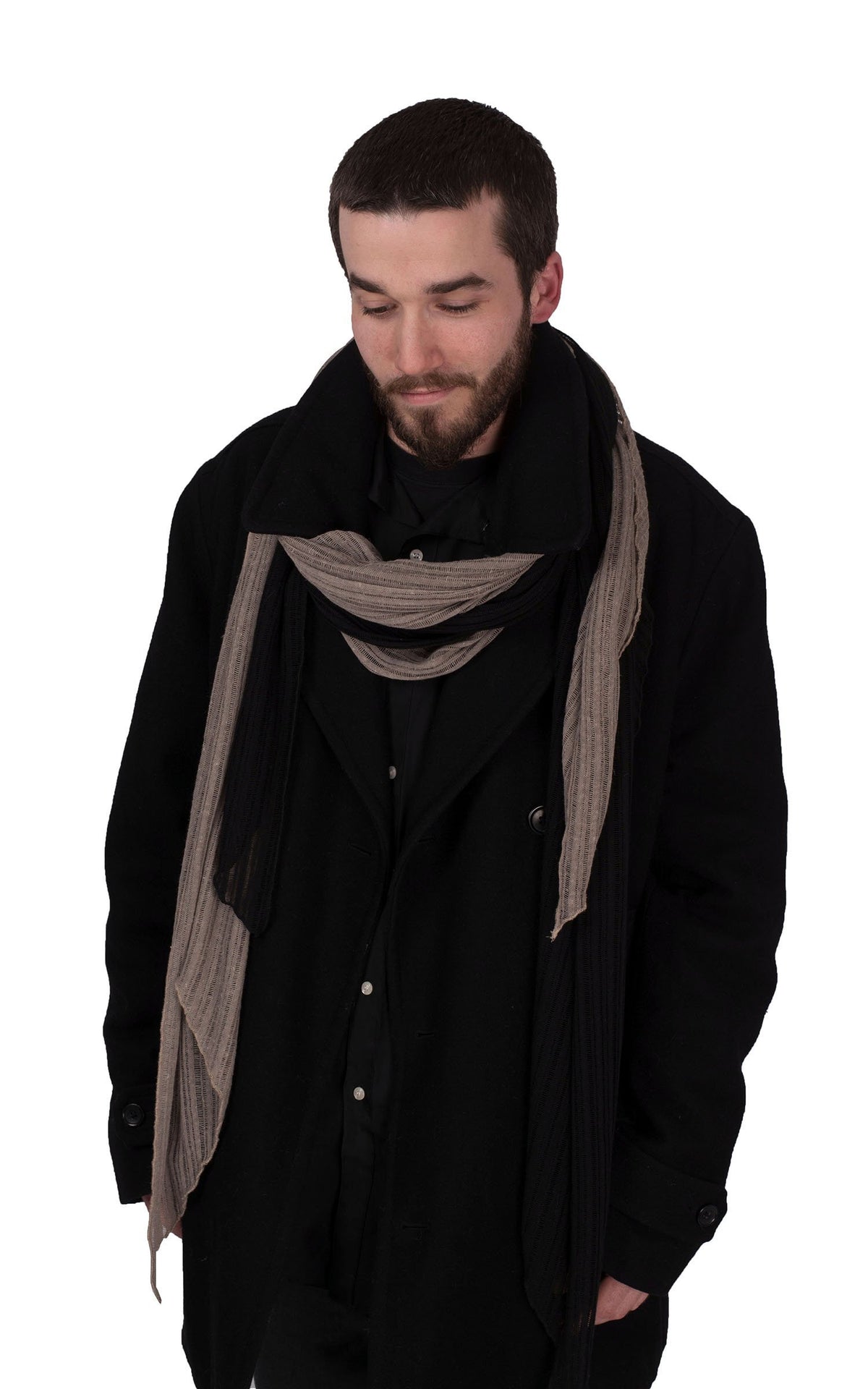 Man in peacoat looking down  wearing Two-Tone Handkerchief Scarf | Cotton Voile, Black with Earth ( Taupe, Brown))  | Handmade in Seattle WA | Pandemonium Millinery