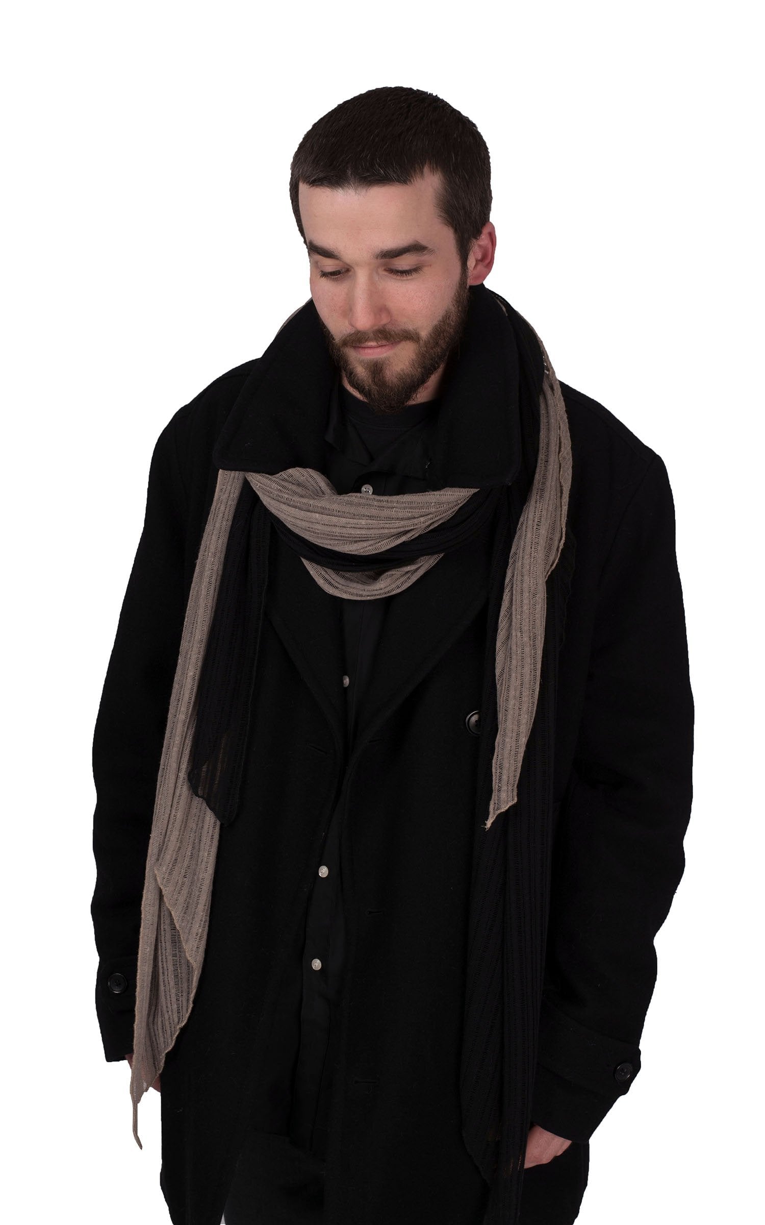 Men’s Large Handkerchief Scarf, Wrap on Mannequin shown | Cotton Voile, Black with Rain (Charcoal, gray ) | Handmade in Seattle WA | Pandemonium Millinery