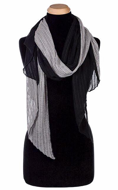 Men’s Large Handkerchief Scarf, Wrap on Mannequin shown | Cotton Voile, Black with Rain (Charcoal, gray ) | Handmade in Seattle WA | Pandemonium Millinery