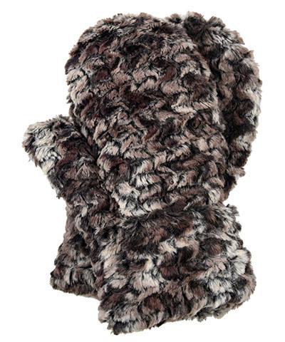 Men’s Product shot of Mittens. Gauntlets Mitts, | Calico in browns and creams Faux Fur | Handmade by Pandemonium Millinery Seattle, WA USA