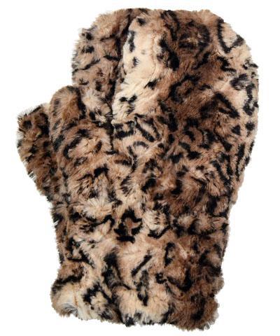 Men’s Product shot of Mittens. Gauntlets, Mitts | Carpathian animal print in tans browns and black Faux Fur | Handmade by Pandemonium Millinery Seattle, WA USA