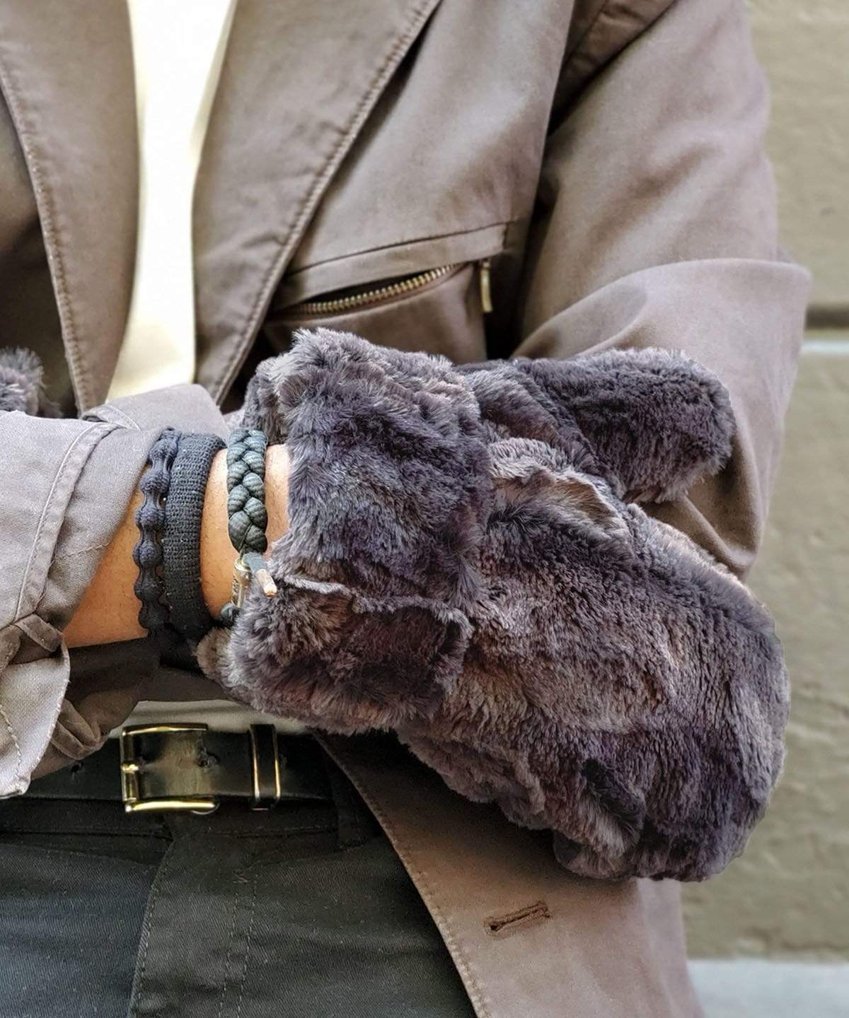 Men's Mittens on Model Close Up | Espresso Faux Fur | Handmade USA Pandemonium Seattle