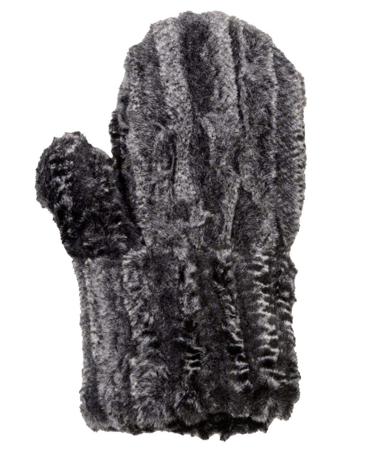 Men’s Product shot of Mittens. Gauntlets,  Mitts | Rattle ‘N’ Shake animal print in black, cream and gray Faux Fur | Handmade by Pandemonium Millinery Seattle, WA USA